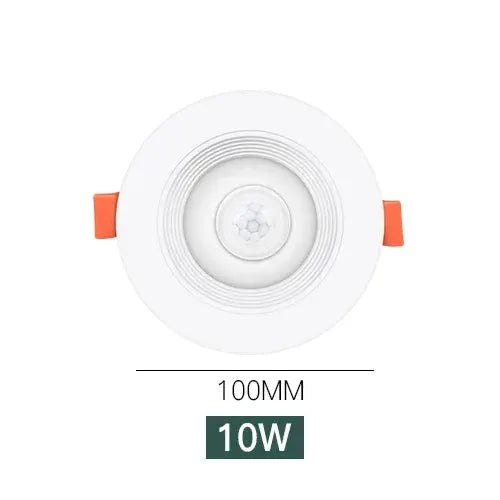 PIR Motion Sensor Spot LED Downlight, 10W white recessed ceiling light with orange mounting clips, 100mm diameter