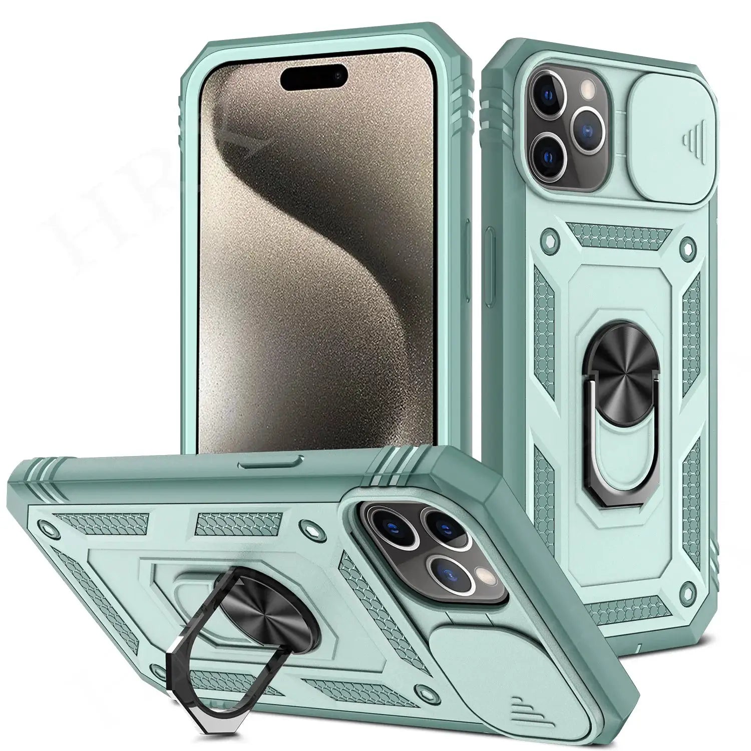 Simples Market 360 full-body rugged case for iPhone 11–16 Pro/Max, mint green with kickstand ring