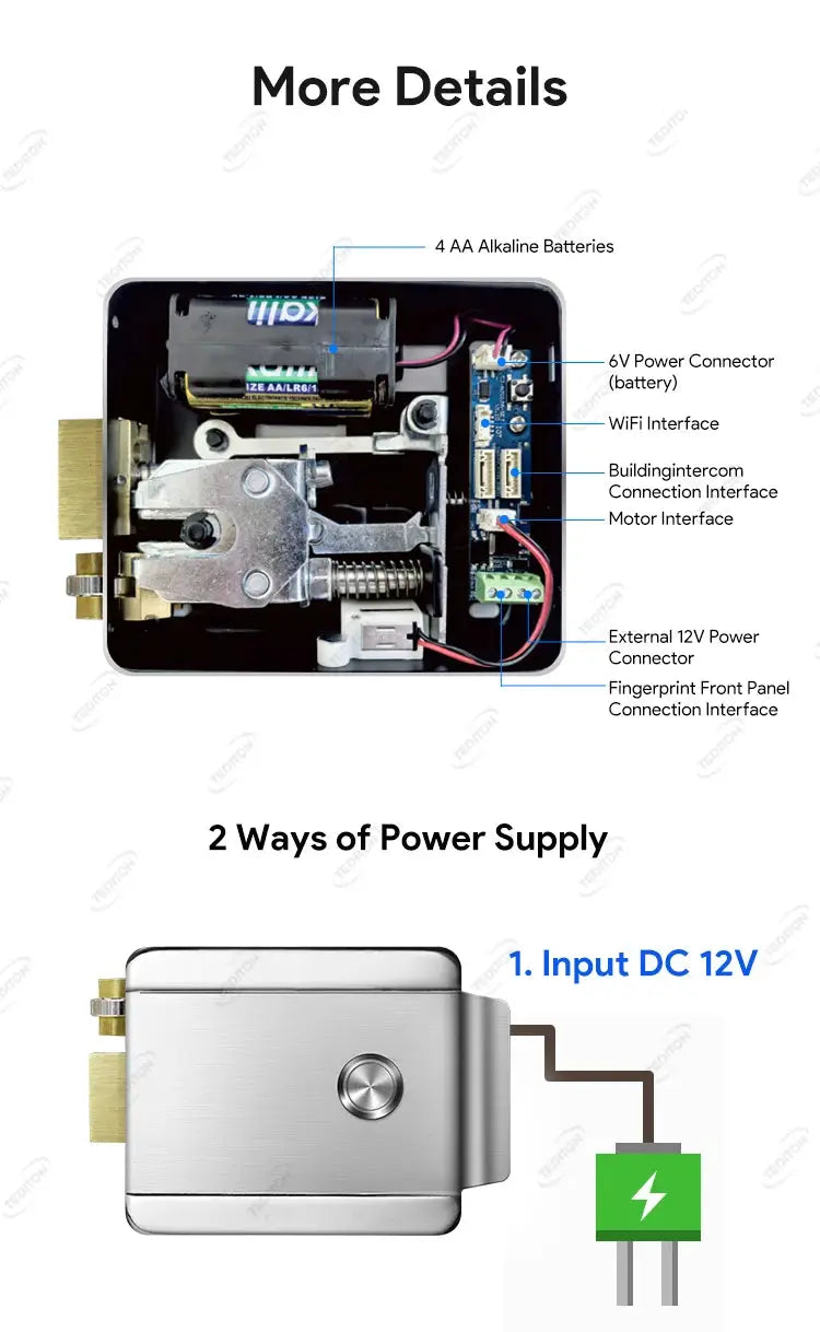 Fingerprint smart door lock in silver housing; internal view shows 4 AA batteries, WiFi interface and power connectors.