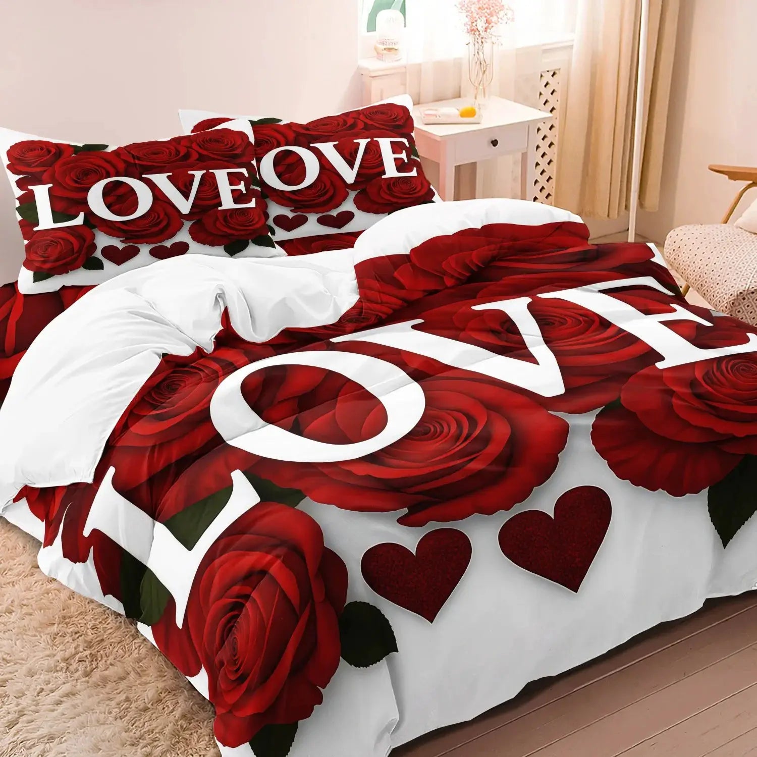 3-piece bedding set with red rose pattern, includes duvet cover and two pillowcases with LOVE lettering