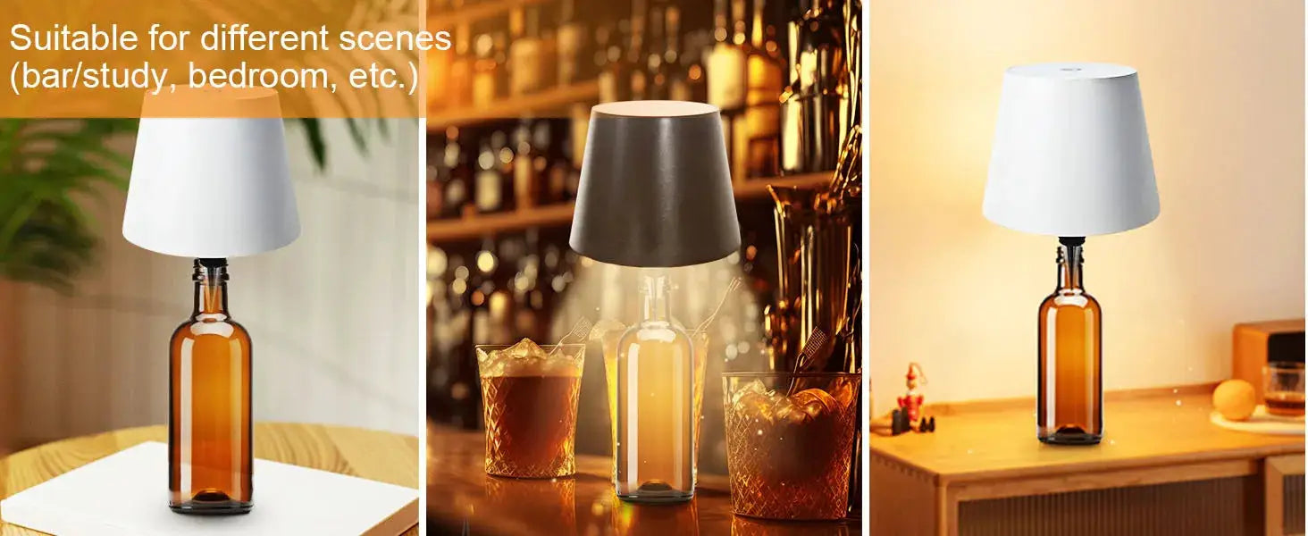 Wireless Table Lamp for Wine Bottles by Simples Market; amber bottle LED light with touch control, outdoor use