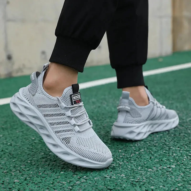 Simples Market gray breathable running sneakers, pair of unisex athletic shoes with knit mesh upper