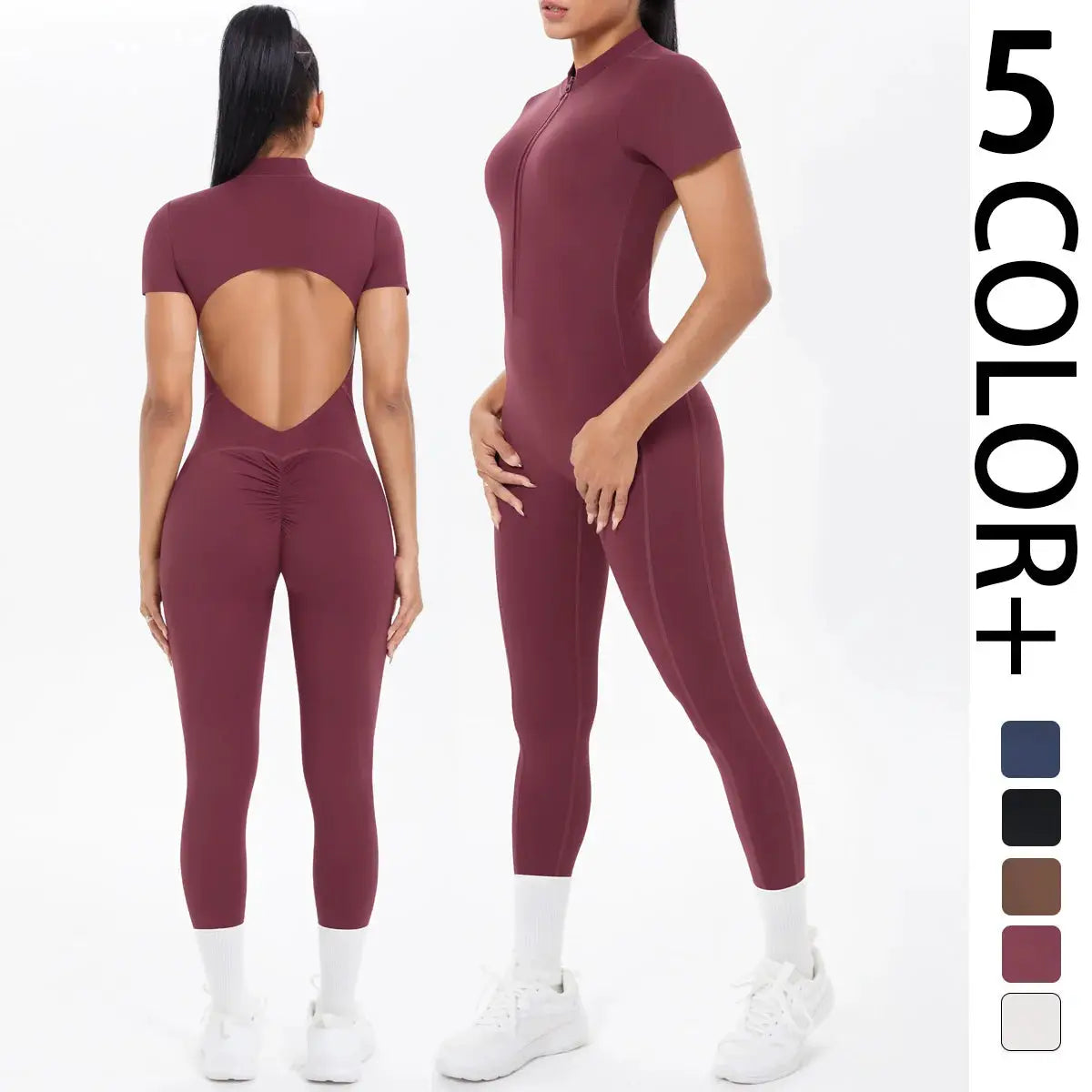 Simples Market women's short-sleeve backless maroon gym jumpsuit with front zipper, one-piece yoga suit