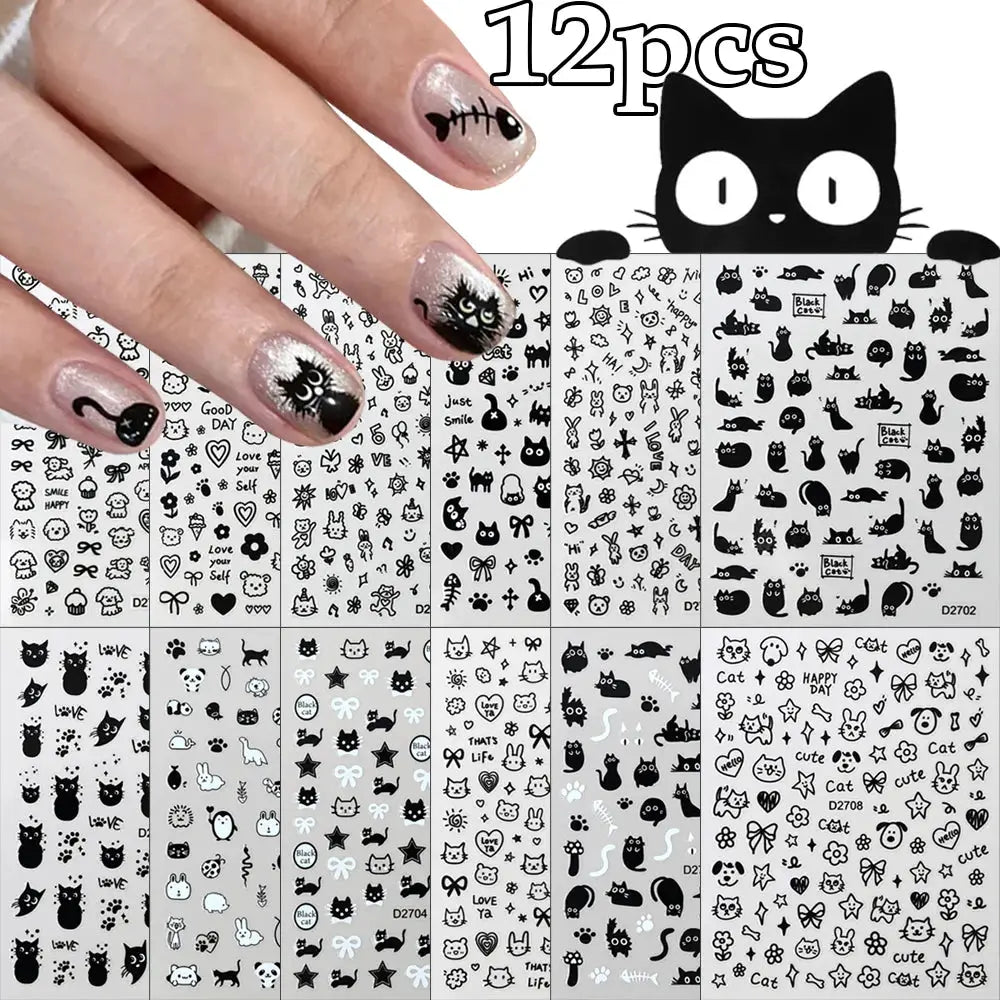 12-sheet cartoon black cat nail stickers set for kids manicure, adhesive decals by Simples Market