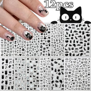 12-sheet cartoon black cat nail stickers set for kids manicure, adhesive decals by Simples Market