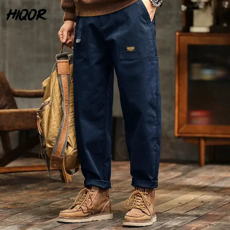 HIQOR men's loose profile navy blue cargo pants with side pockets and rolled cuffs
