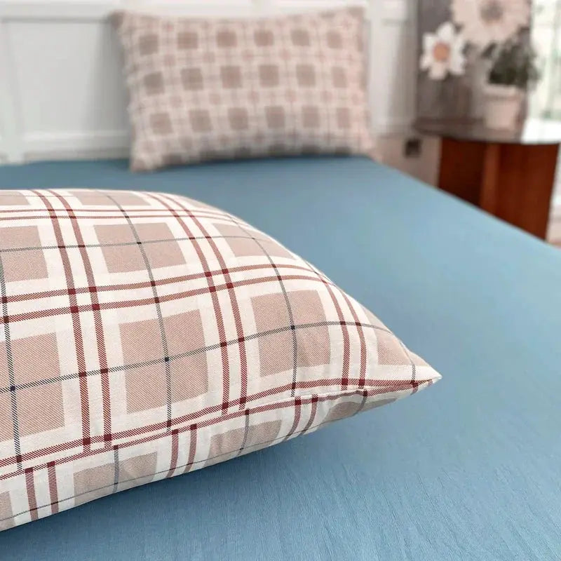 2pcs beige plaid pillowcases on a blue bed, soft fabric