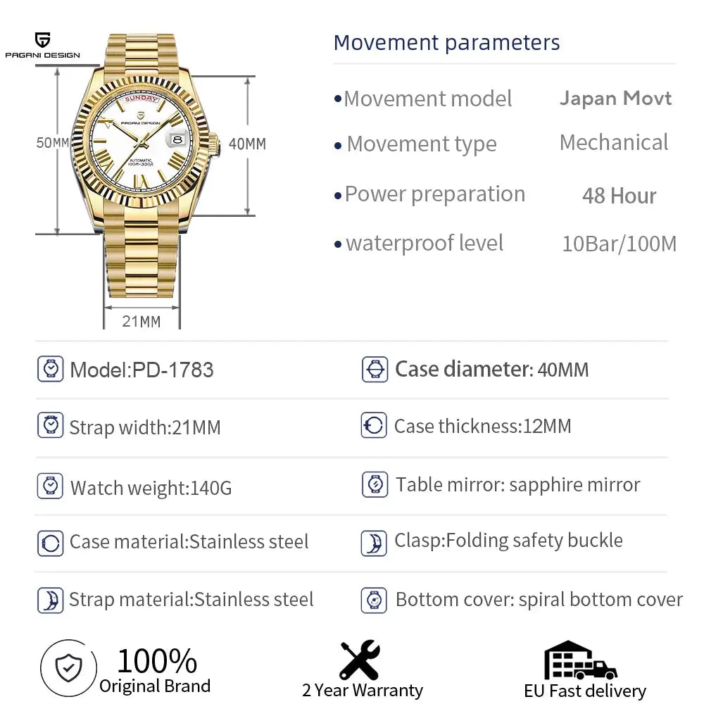 Pagani Design PD-1783 men's watch, gold and white stainless steel with automatic movement and date window.