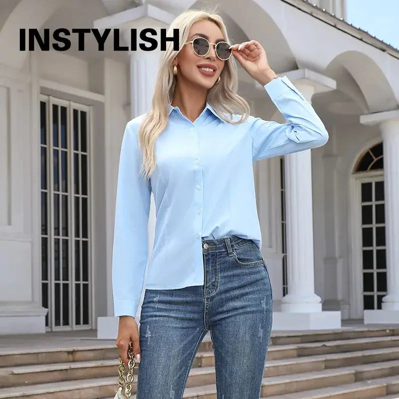 Women’s light-blue chiffon button-down blouse with long sleeves and turn-down collar, casual OL shirt top.
