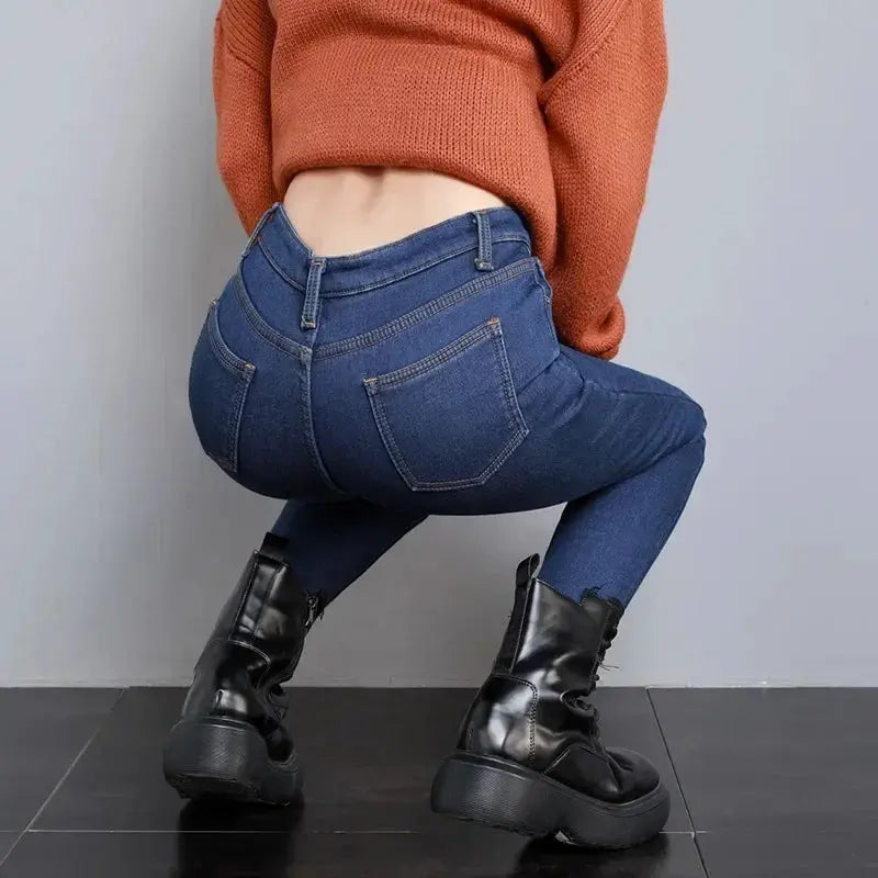 Women Thermal Skinny Jeans With Plush Lining Warm Winter Denim Pants