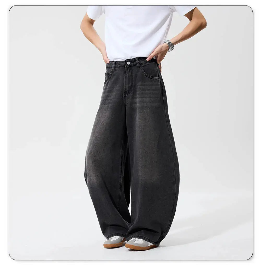 Men's retro grey-black baggy wide-leg denim jeans by Simples Market, American street goth style for bold casual looks