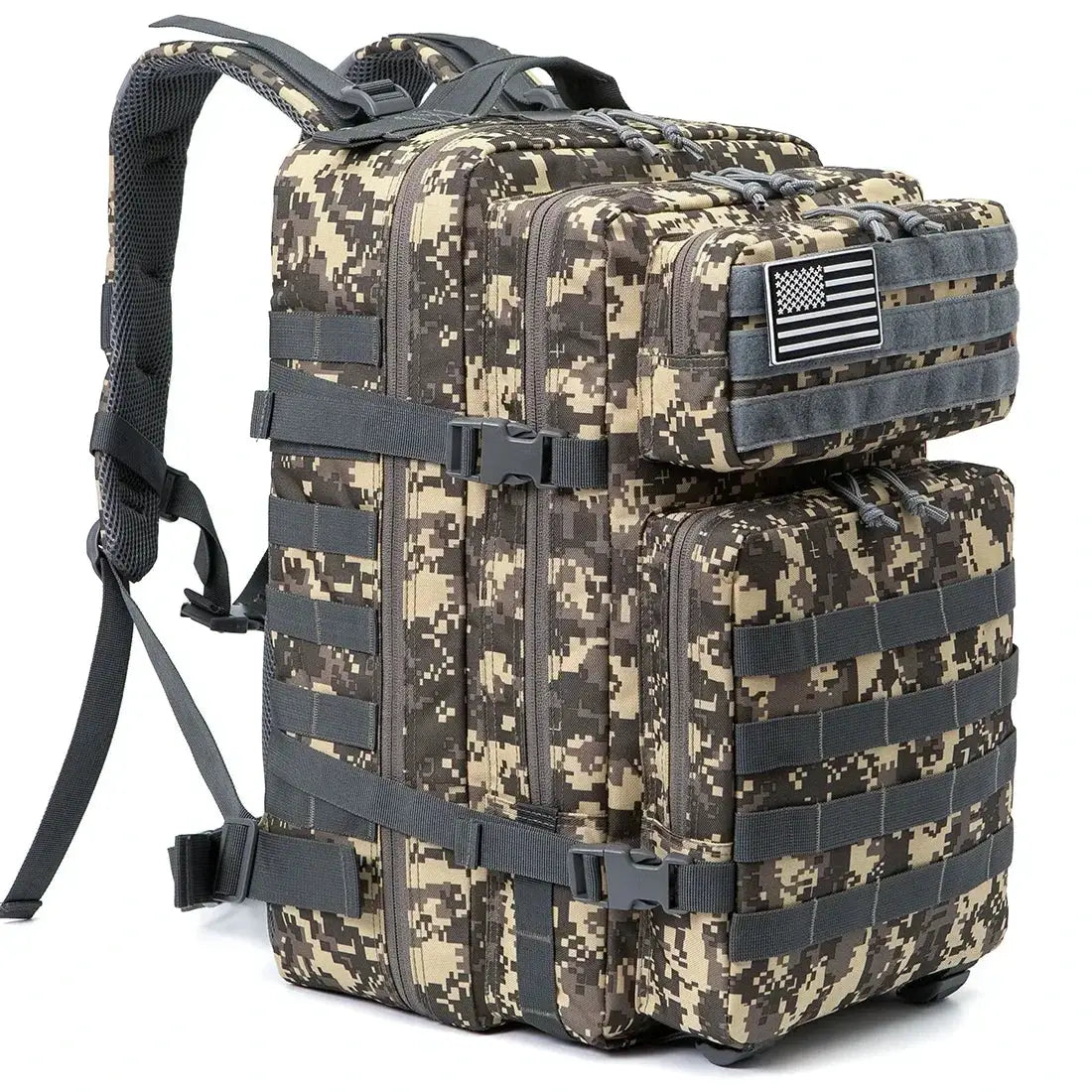 45L tactical backpack by Simples Market in digital camouflage with MOLLE webbing and American flag patch