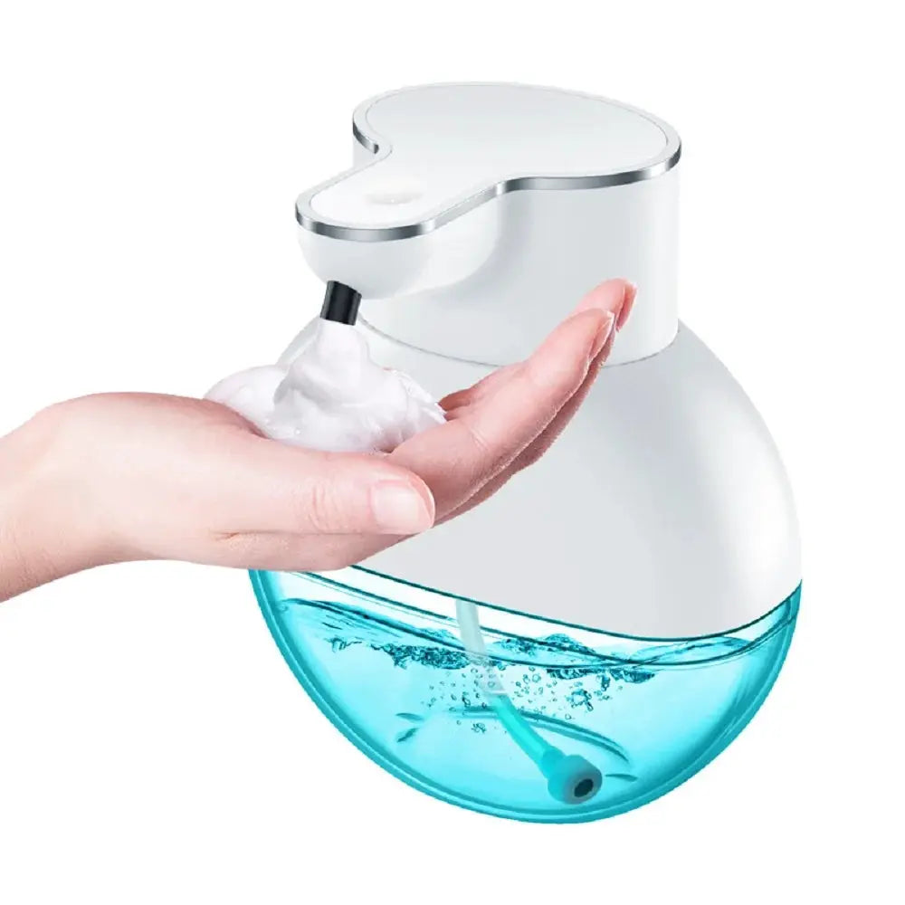 Homefish automatic soap dispenser; white with chrome trim, wall-mounted, blue liquid reservoir.