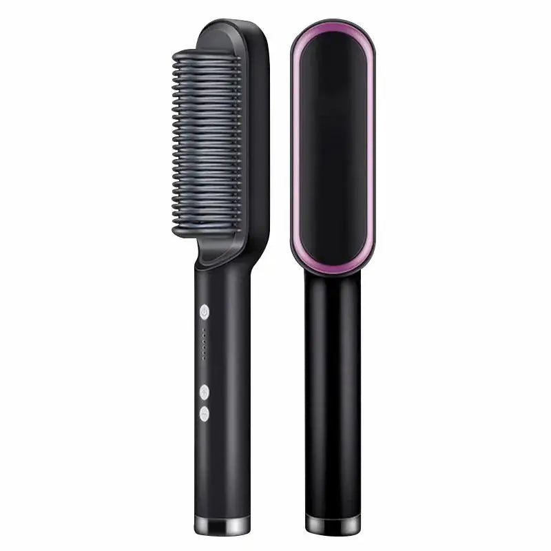 Simples Market electric PTC hair straightening brush and 3-in-1 ceramic flat iron two-piece set, black with pink trim