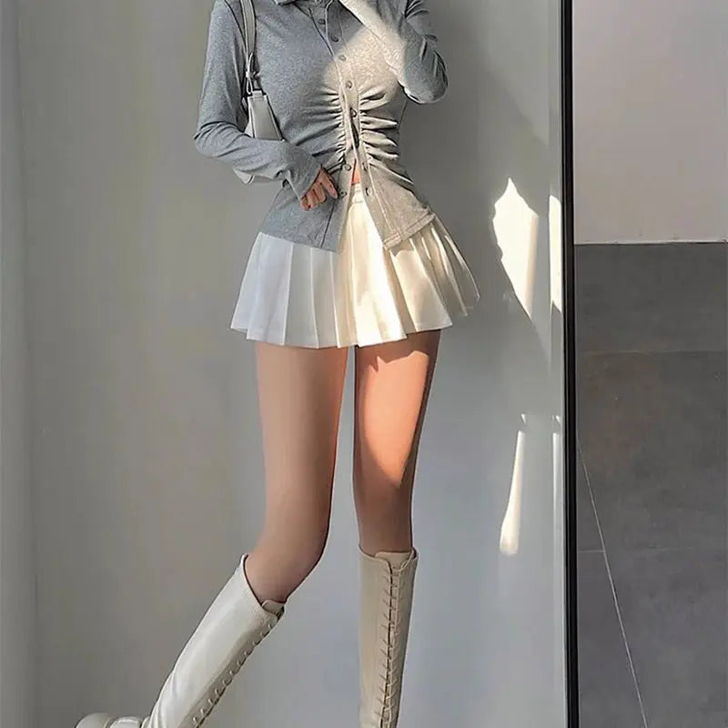 Pleated mini skirt with built-in shorts, white, high-waist A-line gyaru style