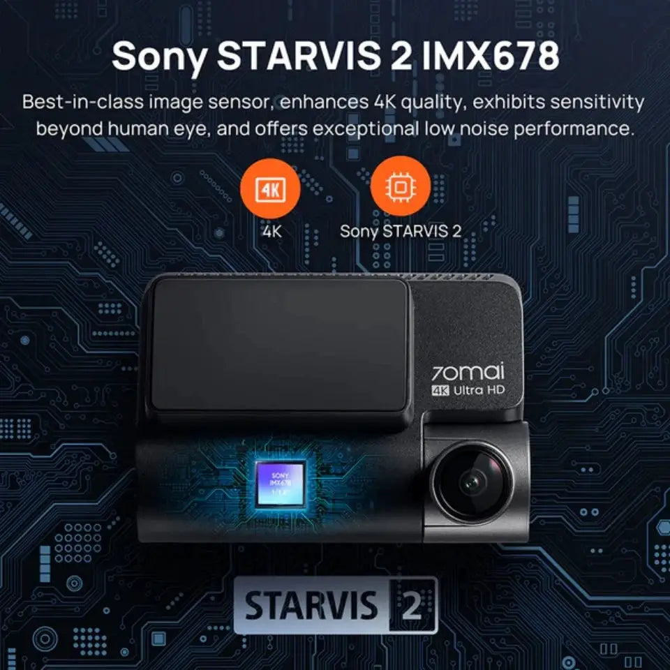 70mai Dash Cam 4K A810S HDR car camera in black with Sony STARVIS 2 IMX678 sensor and 70mai branding