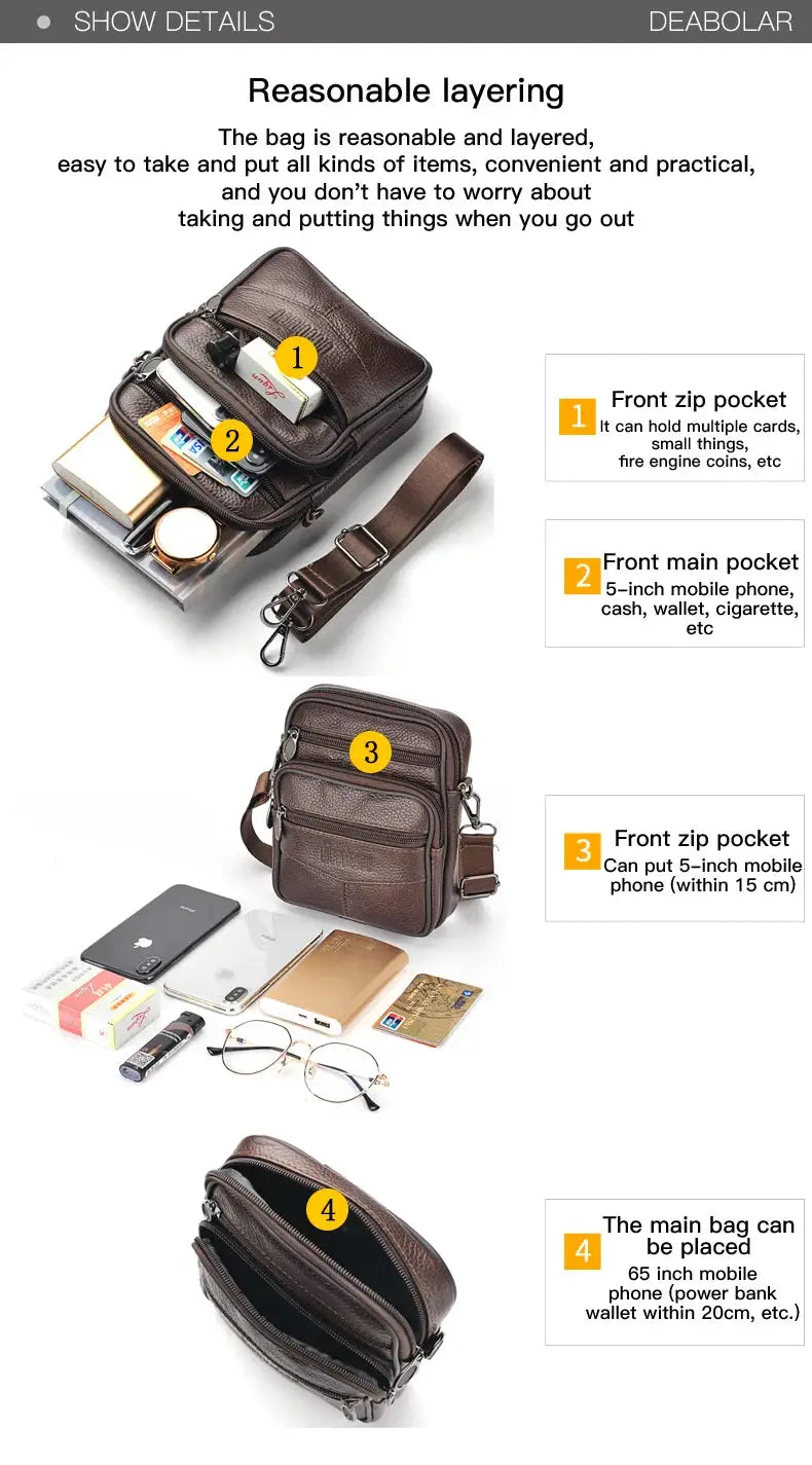 Men's genuine leather crossbody bag by Simples Market, brown with multiple front zip pockets