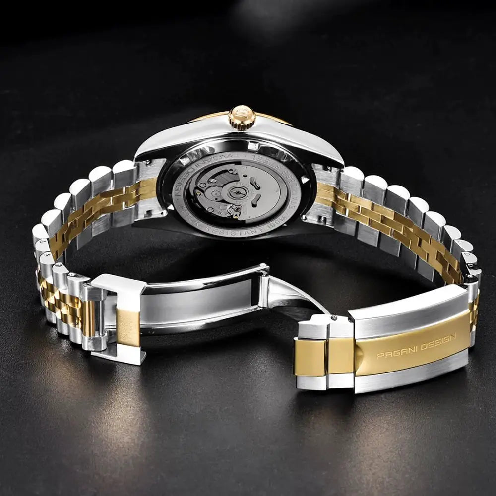PAGANI DESIGN men's mechanical watch with two-tone stainless steel Jubilee bracelet, gold crown, 100M water resistant