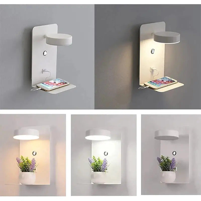 Simples Market white modern bedroom LED wall lamp with shelf, USB charger and switch