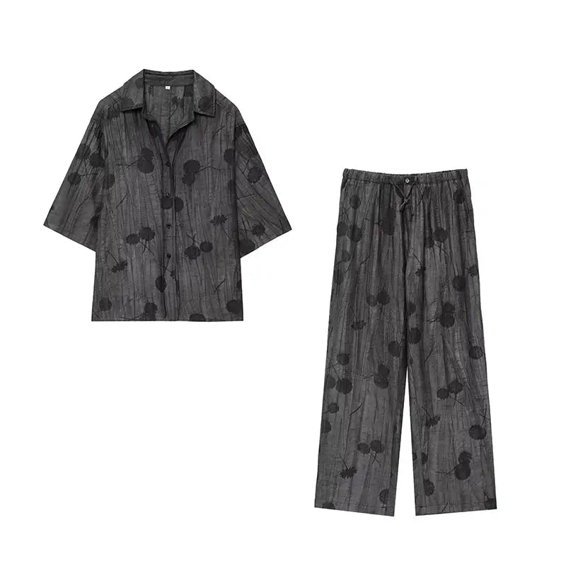 TFMLN Womens Two Piece Jacquard Shirt High Waist Trousers Wide Leg Set