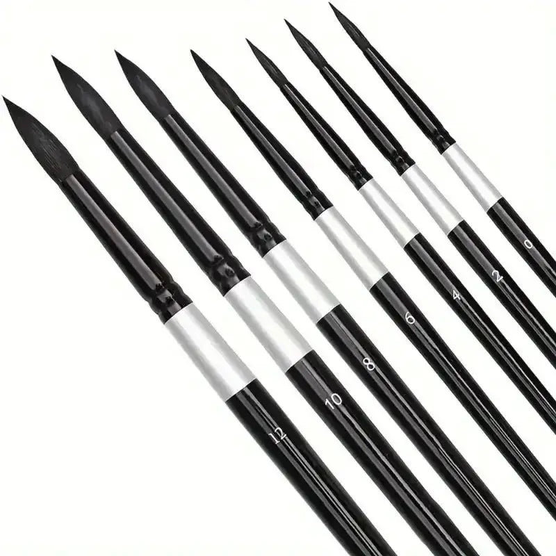 7 Piece Squirrel Hair Brush Set For Gouache And Watercolor Round And Pointed Tips Beginner Artist Kit Wood Handle