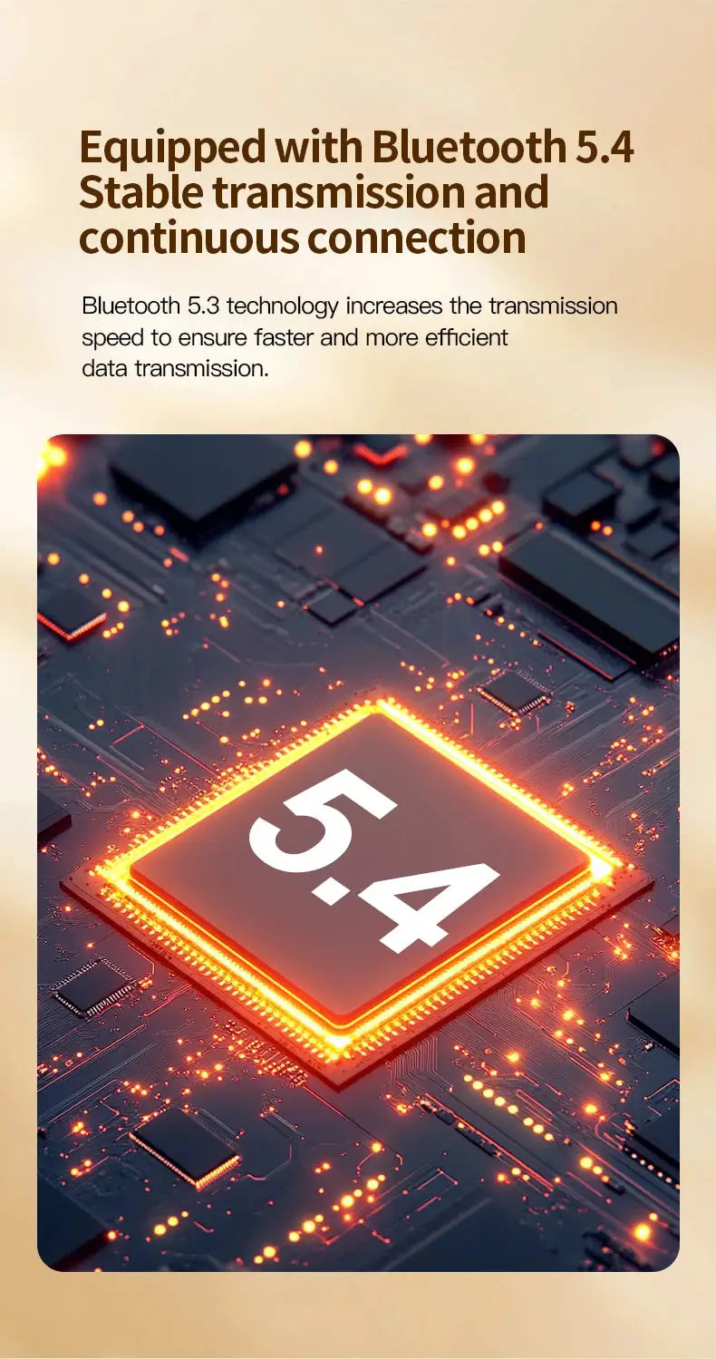 Bluetooth 5.4 earphones product graphic with a glowing 5.4 chip on a circuit board
