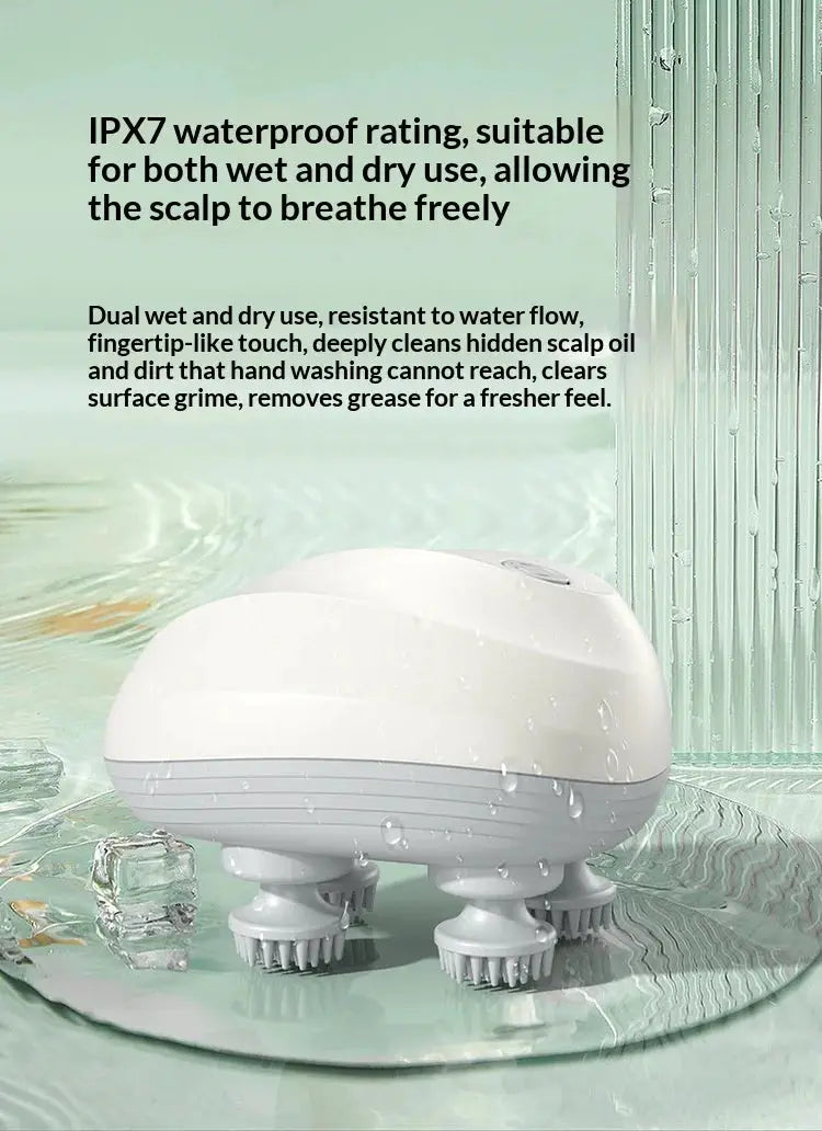 Simples Market deep scalp massager with four rotating brush heads, white and waterproof.