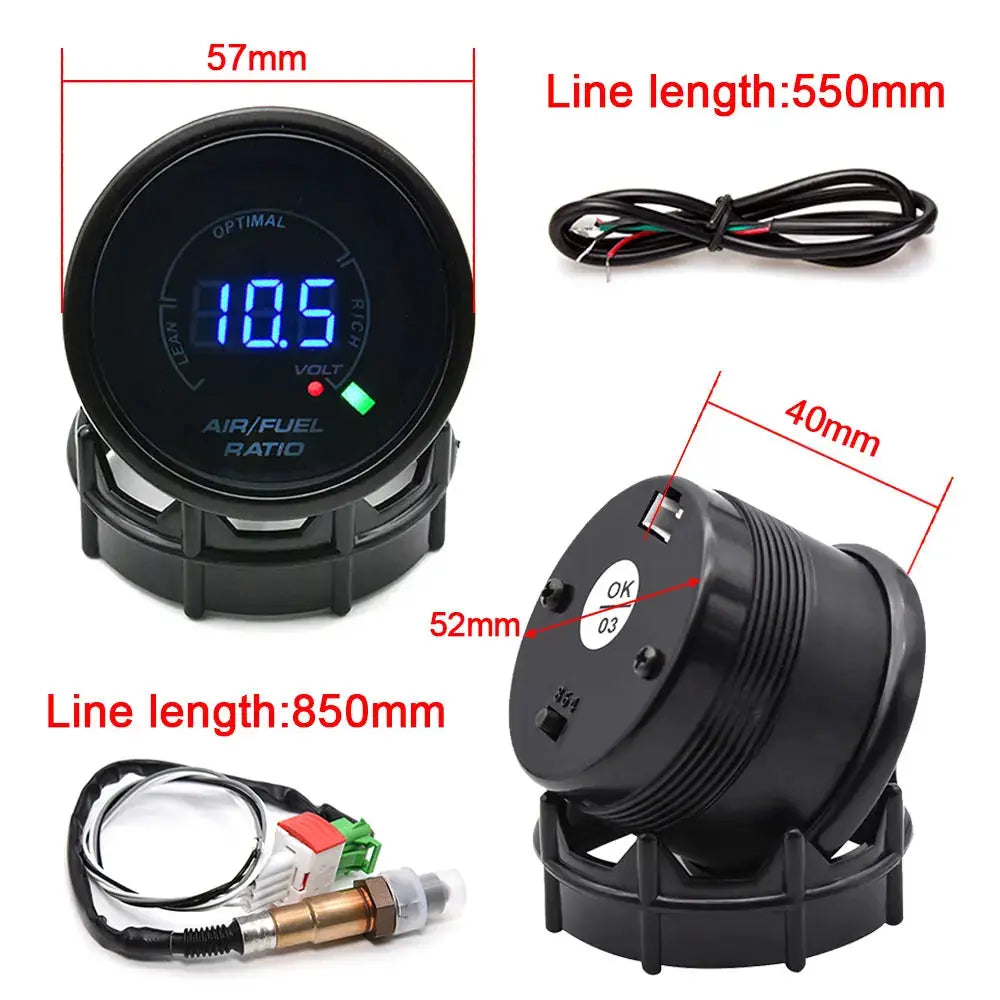 52mm AFR air-fuel ratio gauge with 2-in-1 voltmeter for 12V vehicles, includes wiring harness and O2 sensor