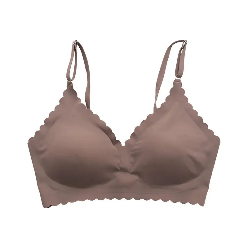 Wireless padded bra with scalloped wavy edge in taupe.