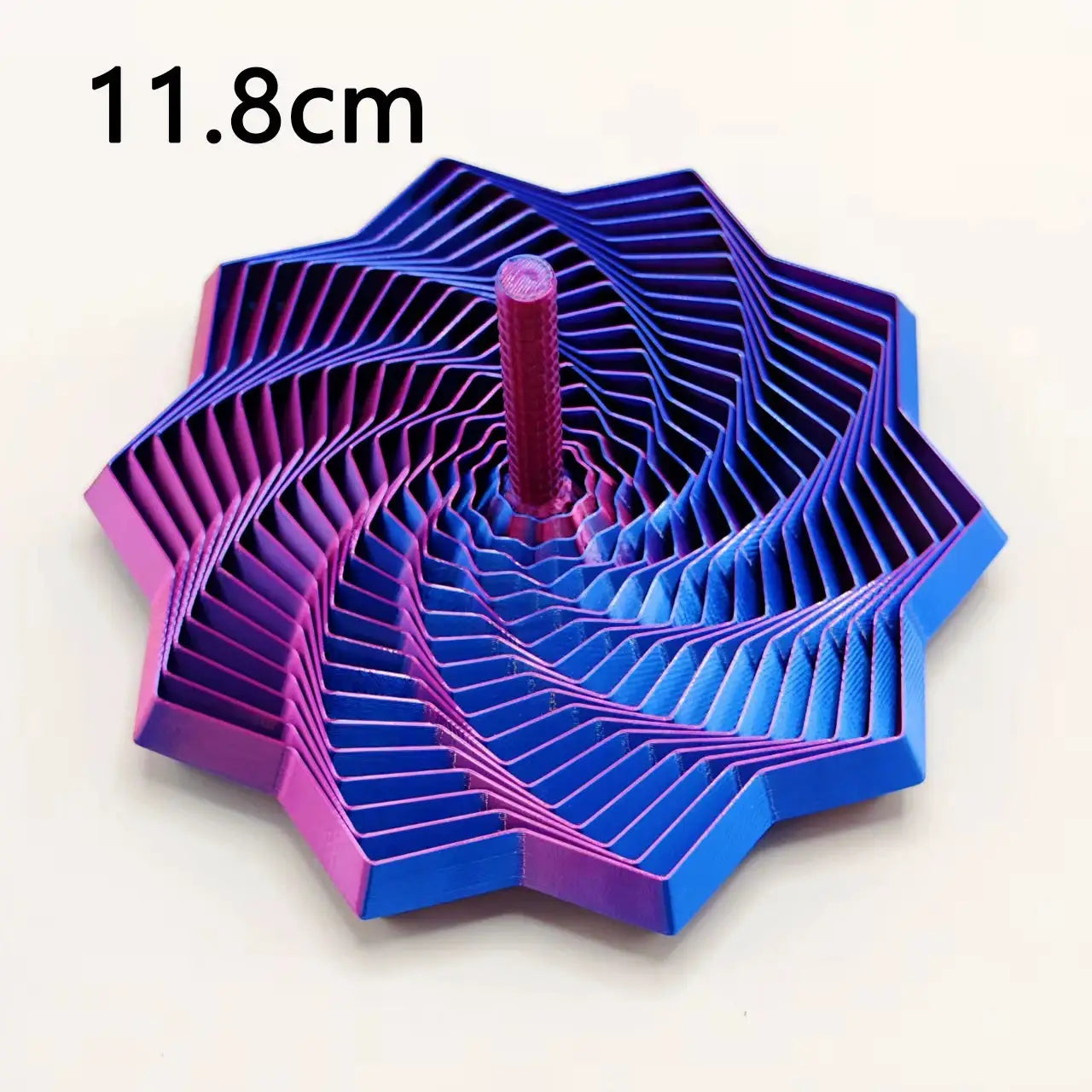 3D-printed sensory fidget star model with whirling hexagon spiral in blue-pink-purple gradient