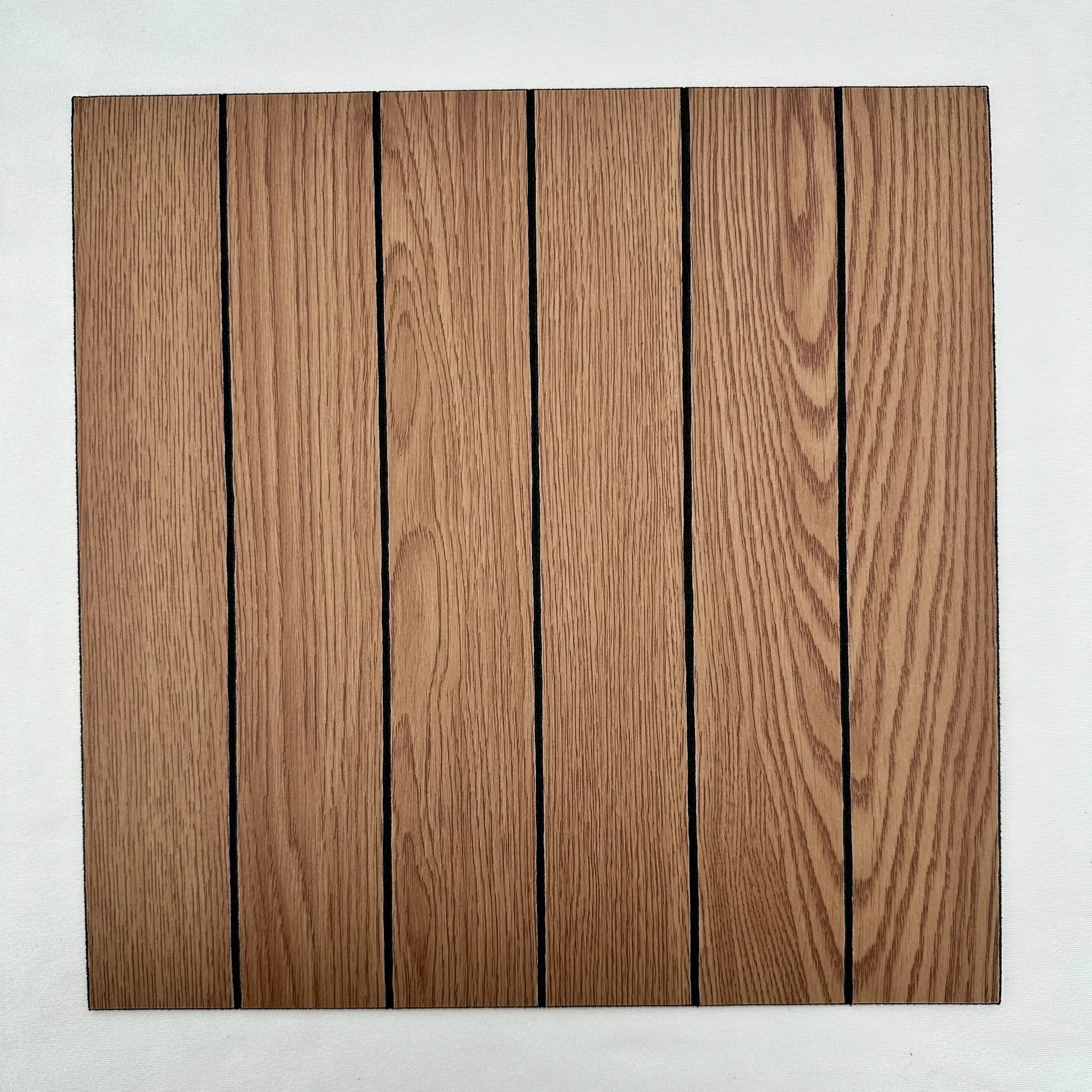 Faux wood grain grille self-adhesive wallpaper panels in brown for peel-and-stick walls