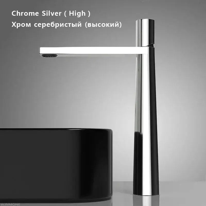 Simples Market modern chrome silver basin faucet with single-handle, tall column and horizontal spout