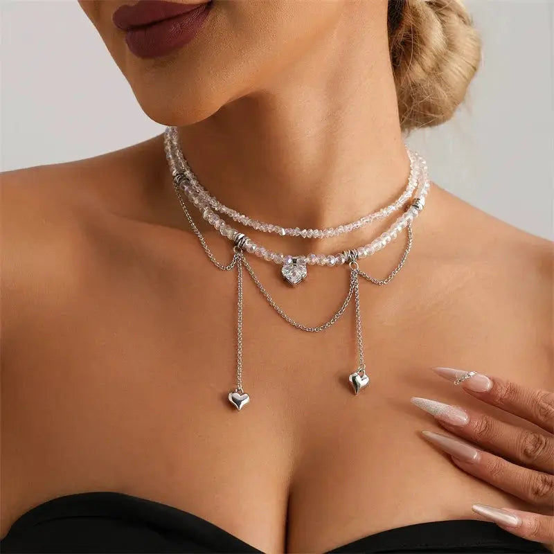 Y2K heart beaded necklace for women by Simples Market; silver-tone boho crystal choker with dangling heart charms
