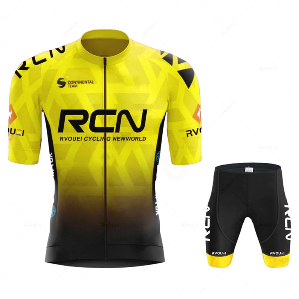 Rvouei team cycling jersey set; bright yellow gradient jersey with black shorts, breathable summer road bike MTB kit.