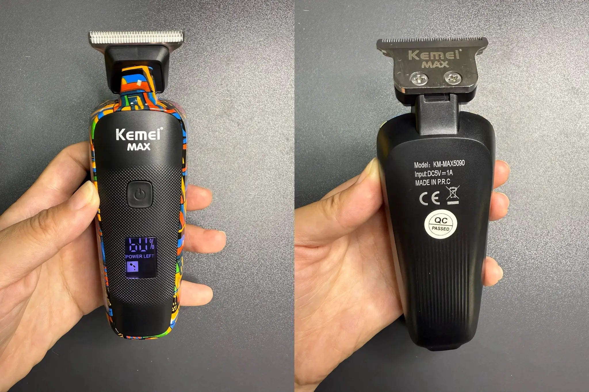 Kemei KM-MAX5090 electric hair clipper with graffiti wrap; front and back views