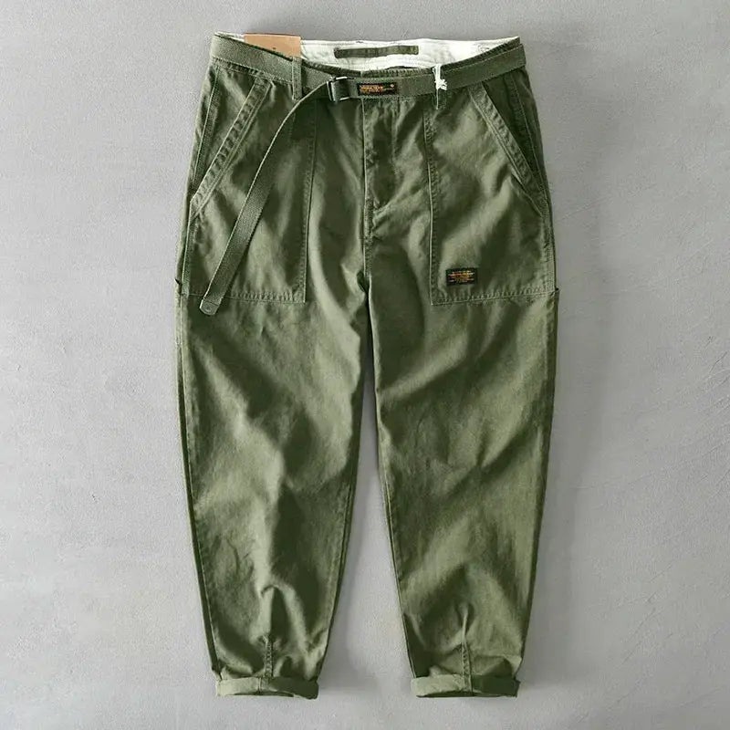 HIQOR men's 100% cotton cargo pants in olive green, loose-fit baggy work pants with belt and front pockets