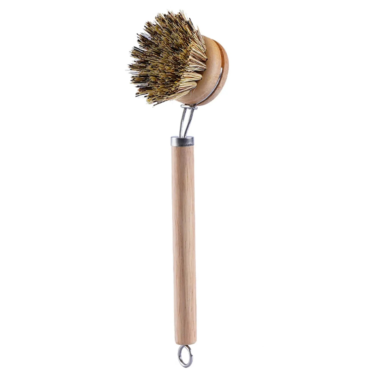 Replaceable dish brush with wooden handle and natural bristle head