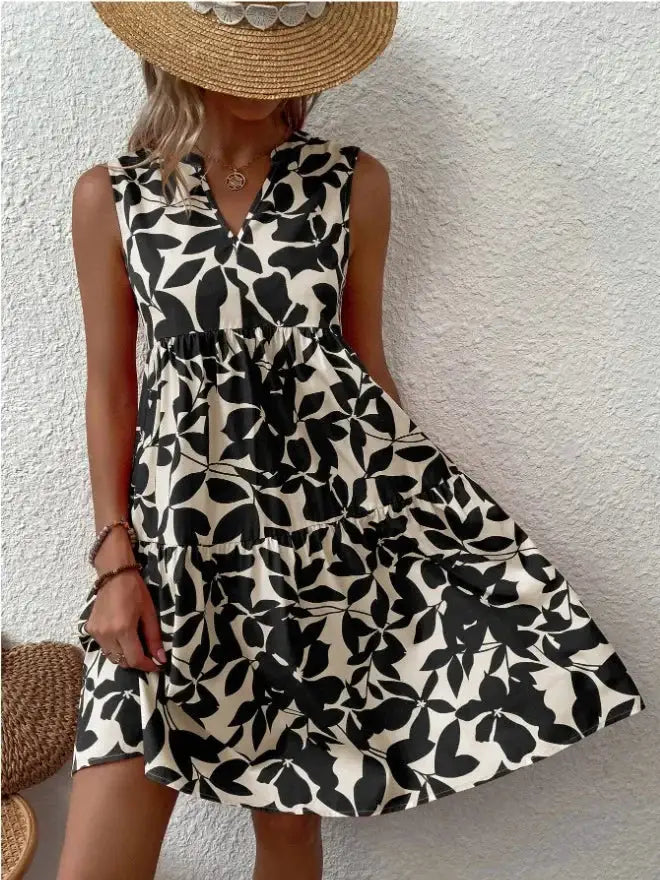 Women Boho Print Mini Dress Sleeveless V Neck Ruffle Beach Sundress