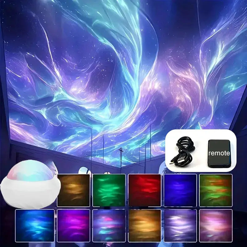 Northern Light Projector RGB atmosphere night light by Simples Market with remote, USB powered, 360° rotating aurora projection.