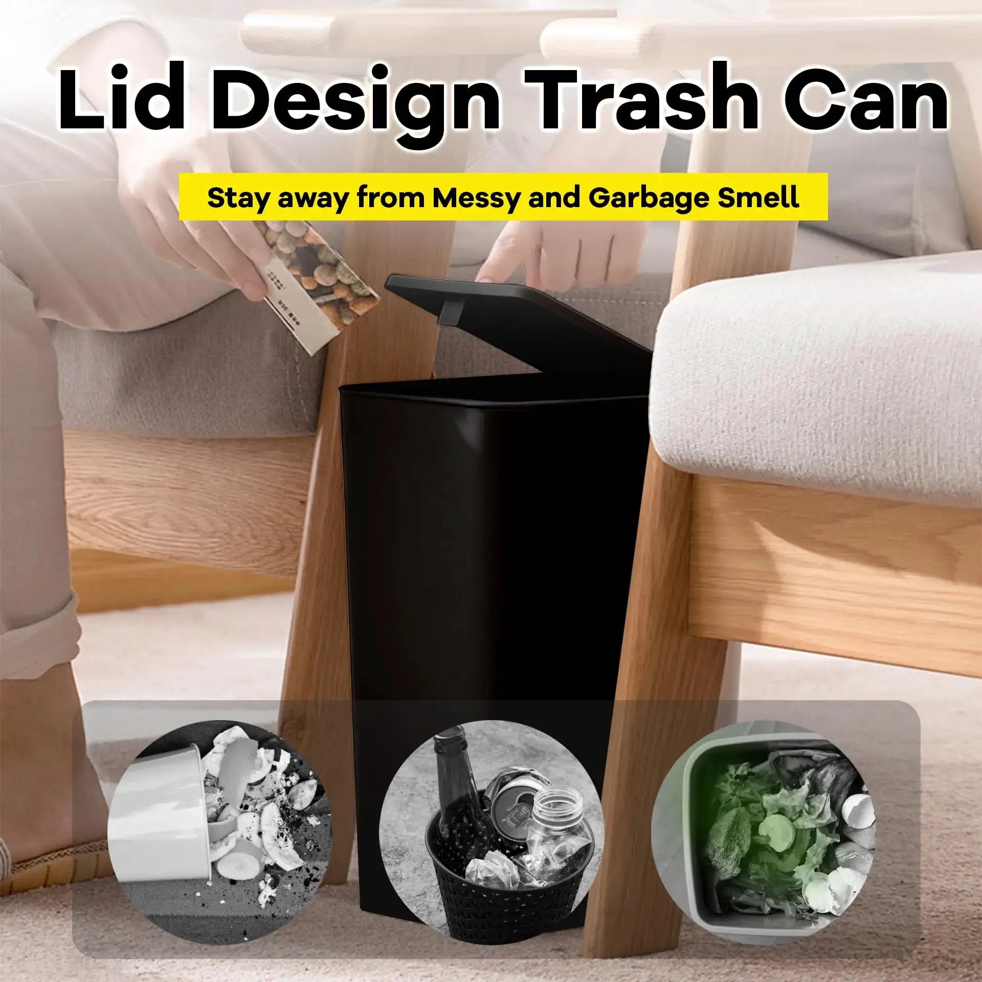 Bathroom trash can 10L by Simples Market, black plastic with press-top lid