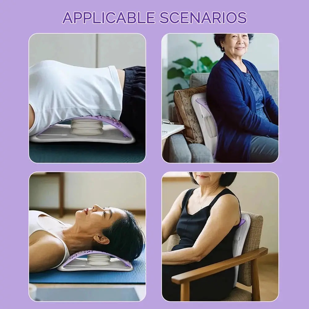 Foreverlily adjustable back massager with airbag; shown in 4 usage scenarios for neck, back, lumbar support