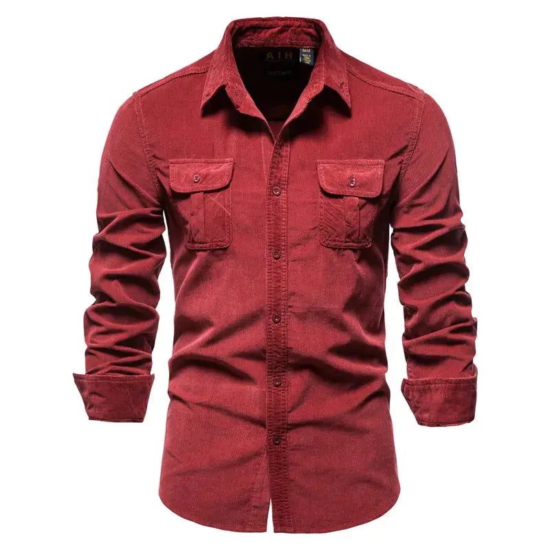 Men's red corduroy shirt, long-sleeve, single-breasted with two chest pockets, 100% cotton