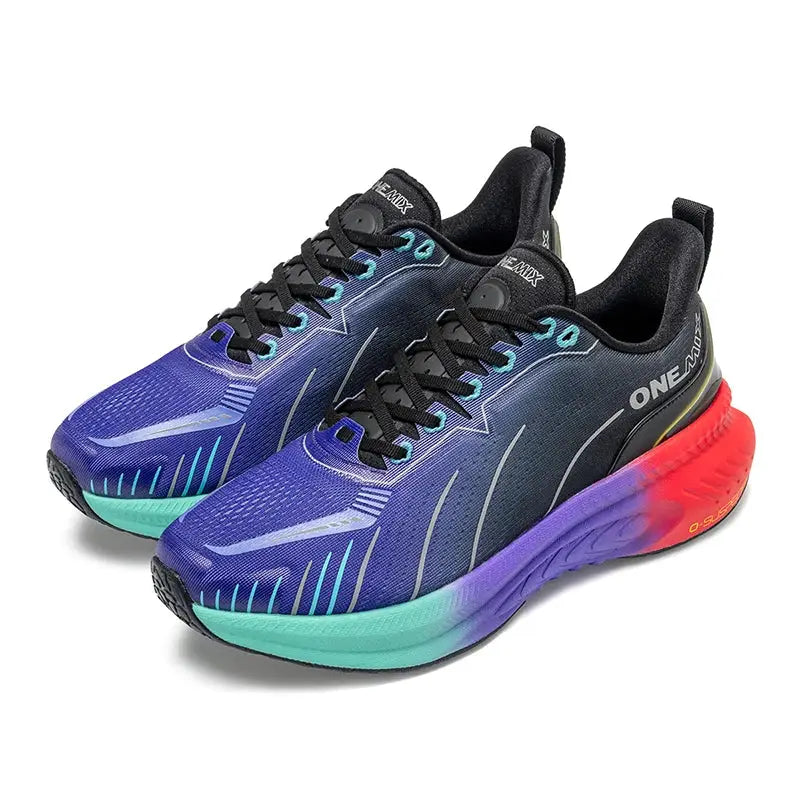 ONEMIX running shoes pair; gradient blue to purple upper with turquoise-to-red sole, lace-up athletic sneakers