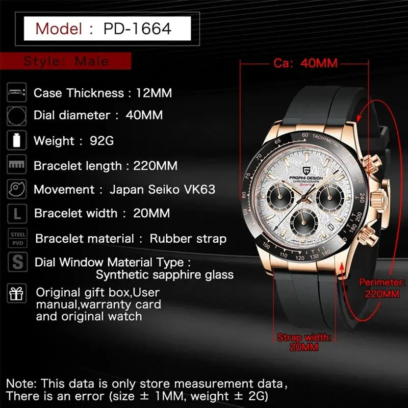 PAGANI DESIGN 40mm New V2 Mens Quartz Watch With Sapphire Crystal Retro Chronograph Stainless Steel Waterproof Wristwatch