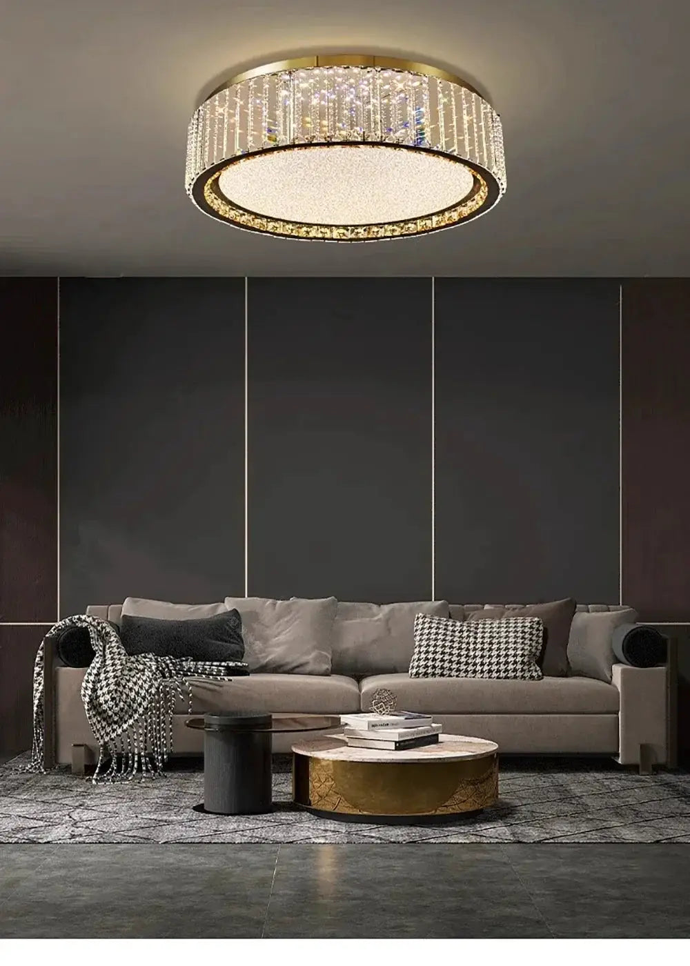 Light Luxury Crystal Ceiling Lamp by Simples Market; circular crystal ceiling light with gold rim