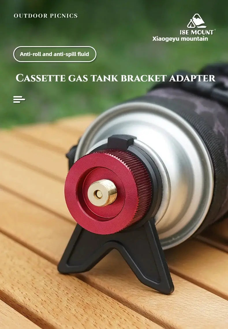 Butane adapter with bracket for camping stoves, red anodized knob and black support stand