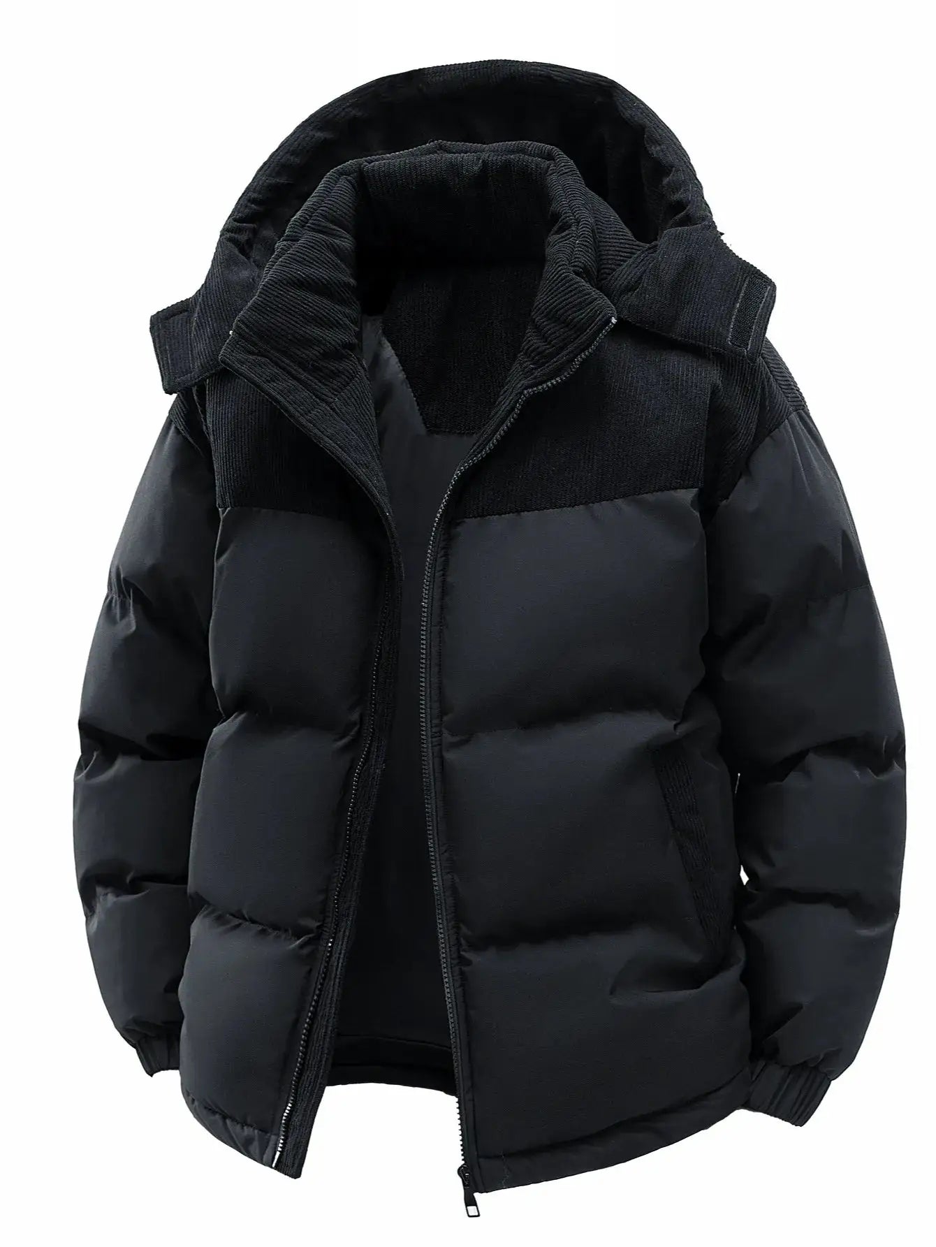 Men's hooded puffer jacket by Simples Market, black, thick-warm and windproof for winter