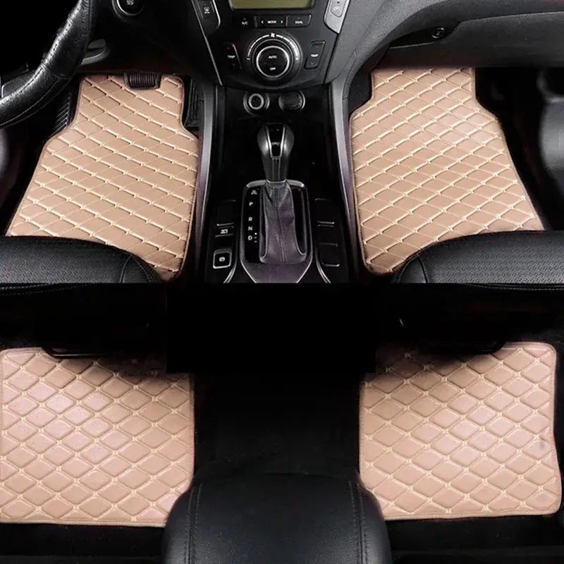 Car floor mats 4-piece universal PU leather waterproof set by Simples Market, tan quilted front and rear