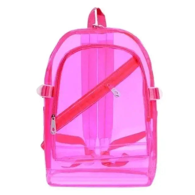 Backpack pink transparent PVC with pink zippers and diagonal front pocket