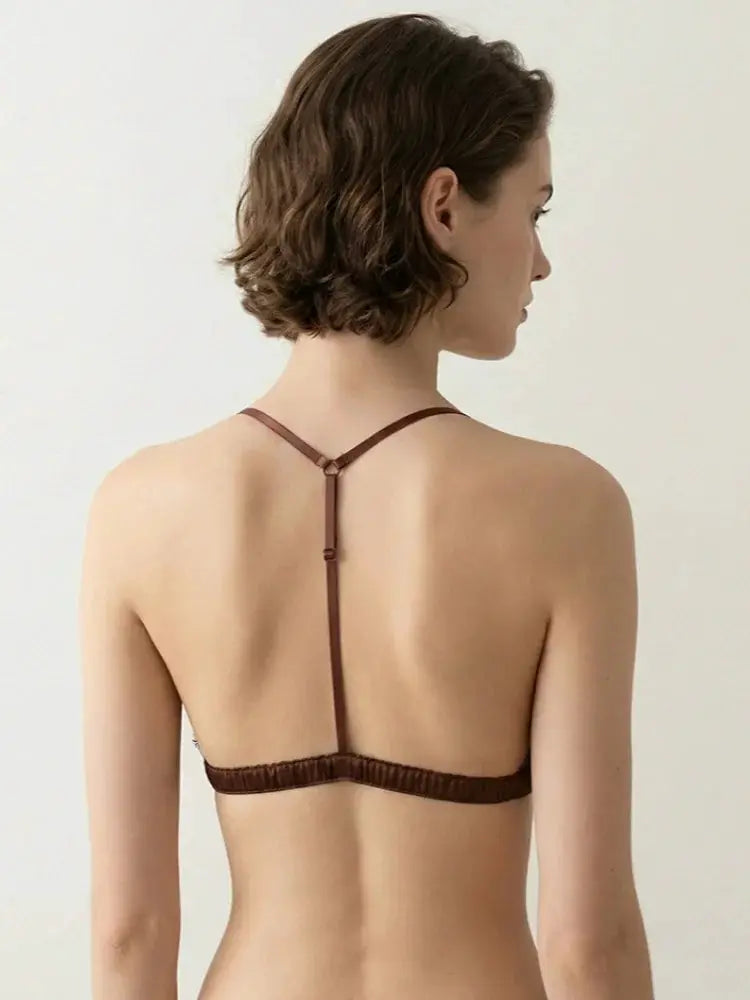 Birdtree wireless lace bralette back view with brown Y-straps and ruched band